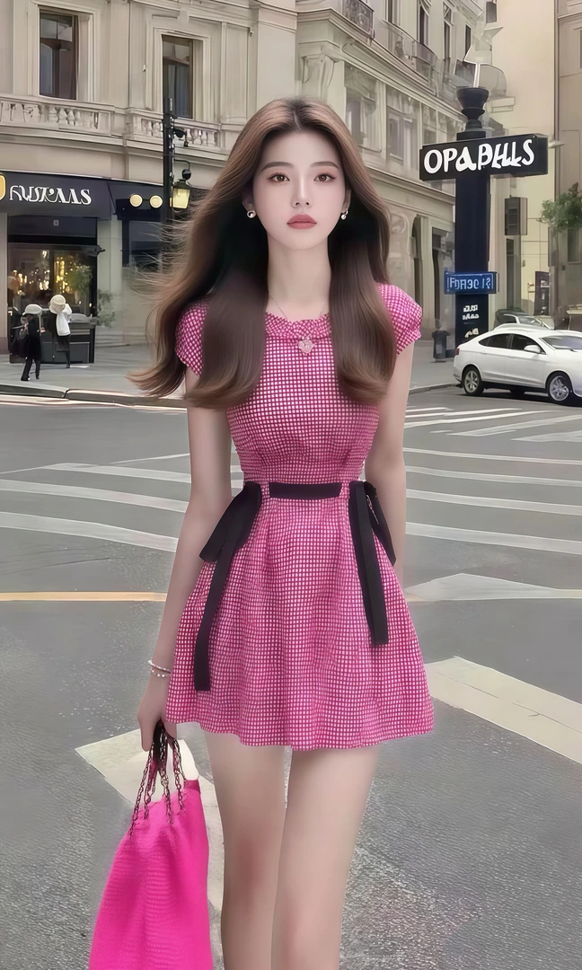 2025夏季新款玫红色格子圆领收腰短袖连衣裙小众时尚气质显瘦女装