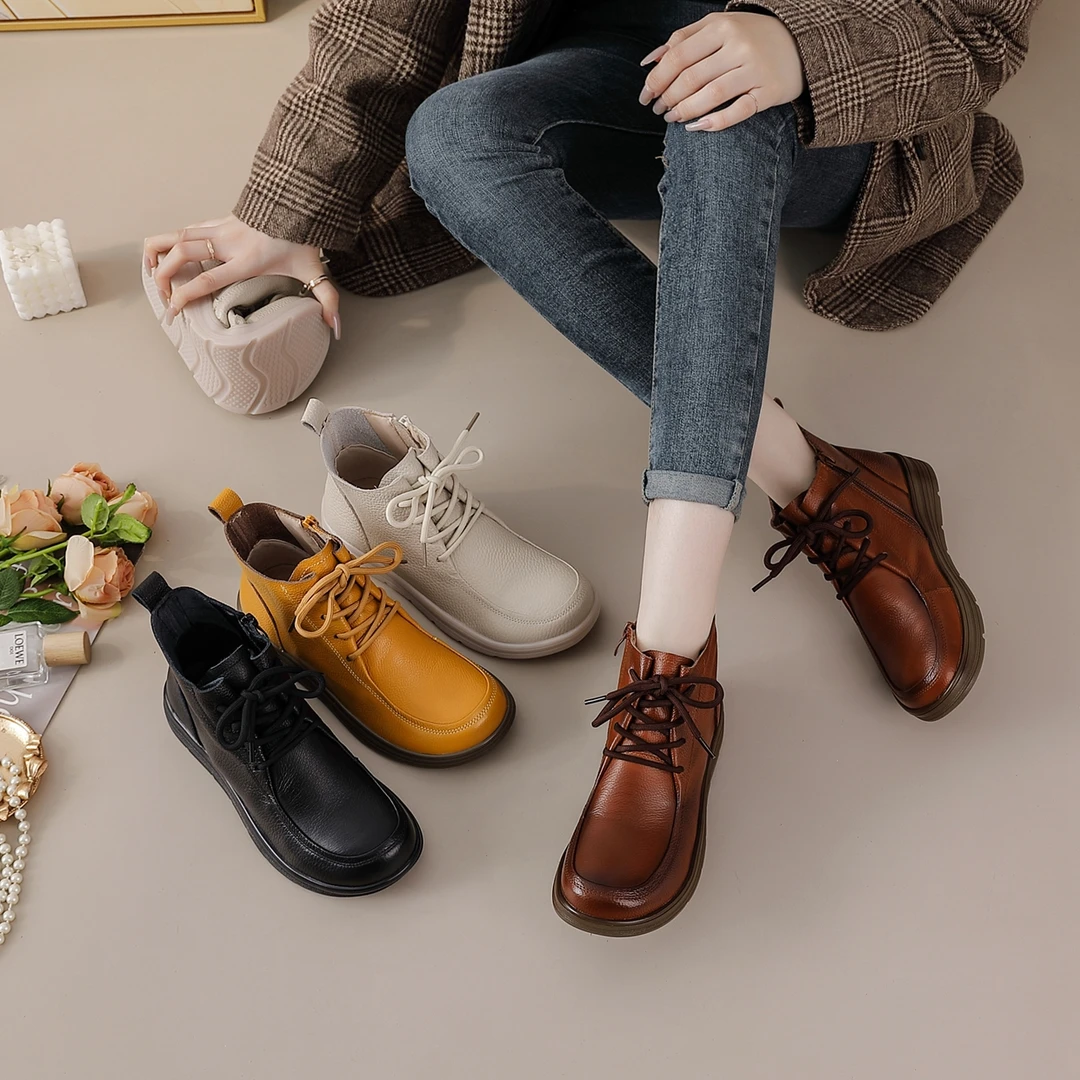 【女鞋】女厚款休闲风好穿不累脚平跟头层牛皮马丁靴百搭单靴