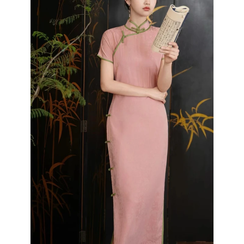 梦中人130cm）夏季粉色新中式国风全开襟古法曳地旗袍中国风