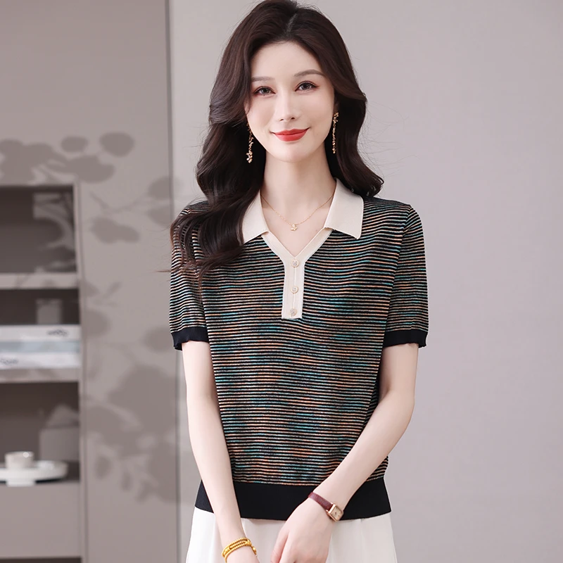 哥弟阿玛施正夏季桑蚕丝短袖t恤女翻领冰丝针织衫薄款上衣POLO衫