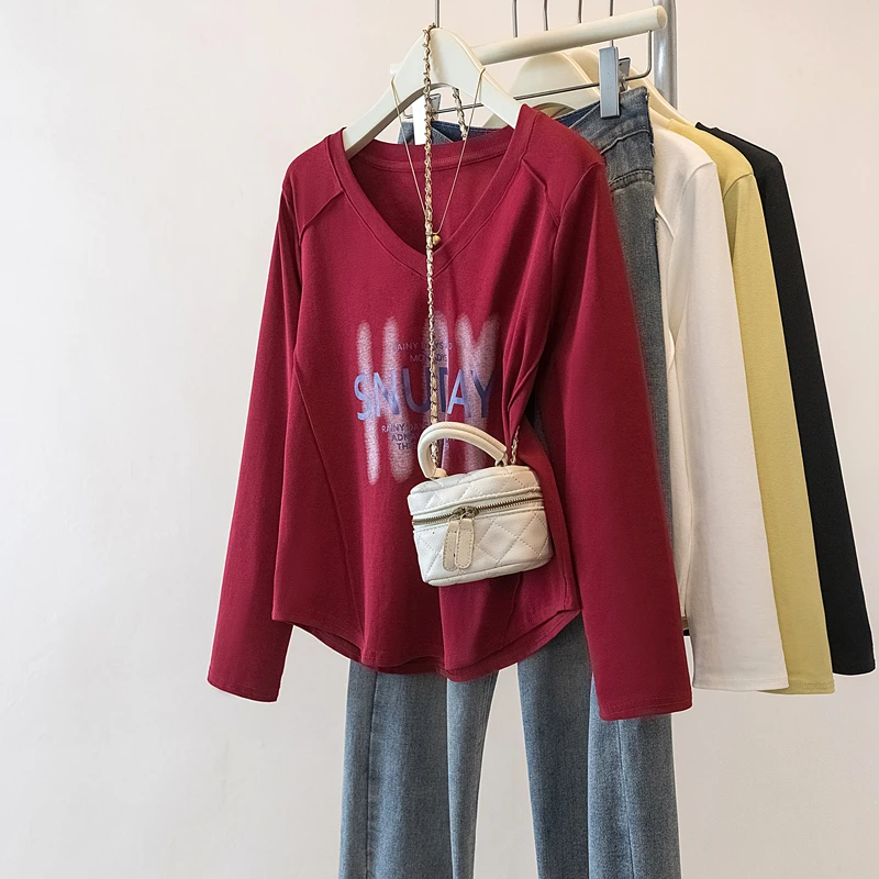 大码女装2025秋季新款V领修身百搭显瘦字母设计感长袖T恤2151