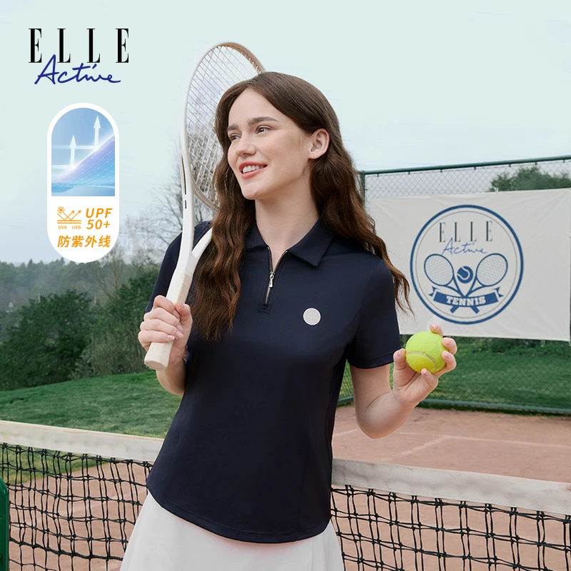 ELLE Active【UPF50+防晒】夏季短袖polo衫女款半拉链休闲翻领上衣