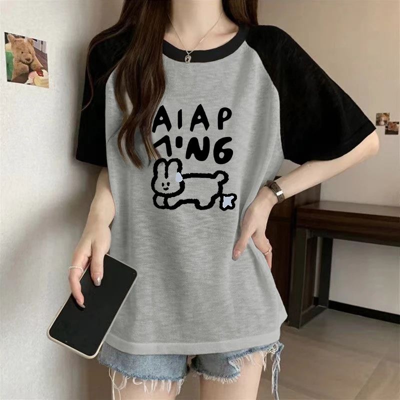 夏季新款竹节棉拼接插肩袖T恤女休闲大码宽松圆领透气清凉上衣潮T