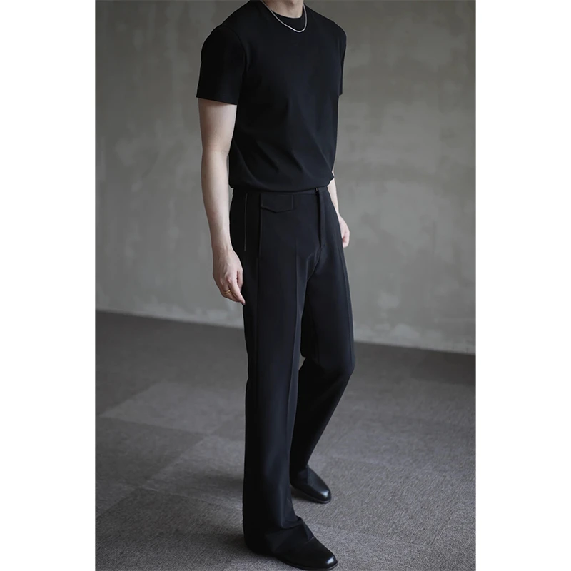 G FOR INNERTHOUGHT|日本三醋酸舒爽轻便质地窄腰直筒开衩西裤黑