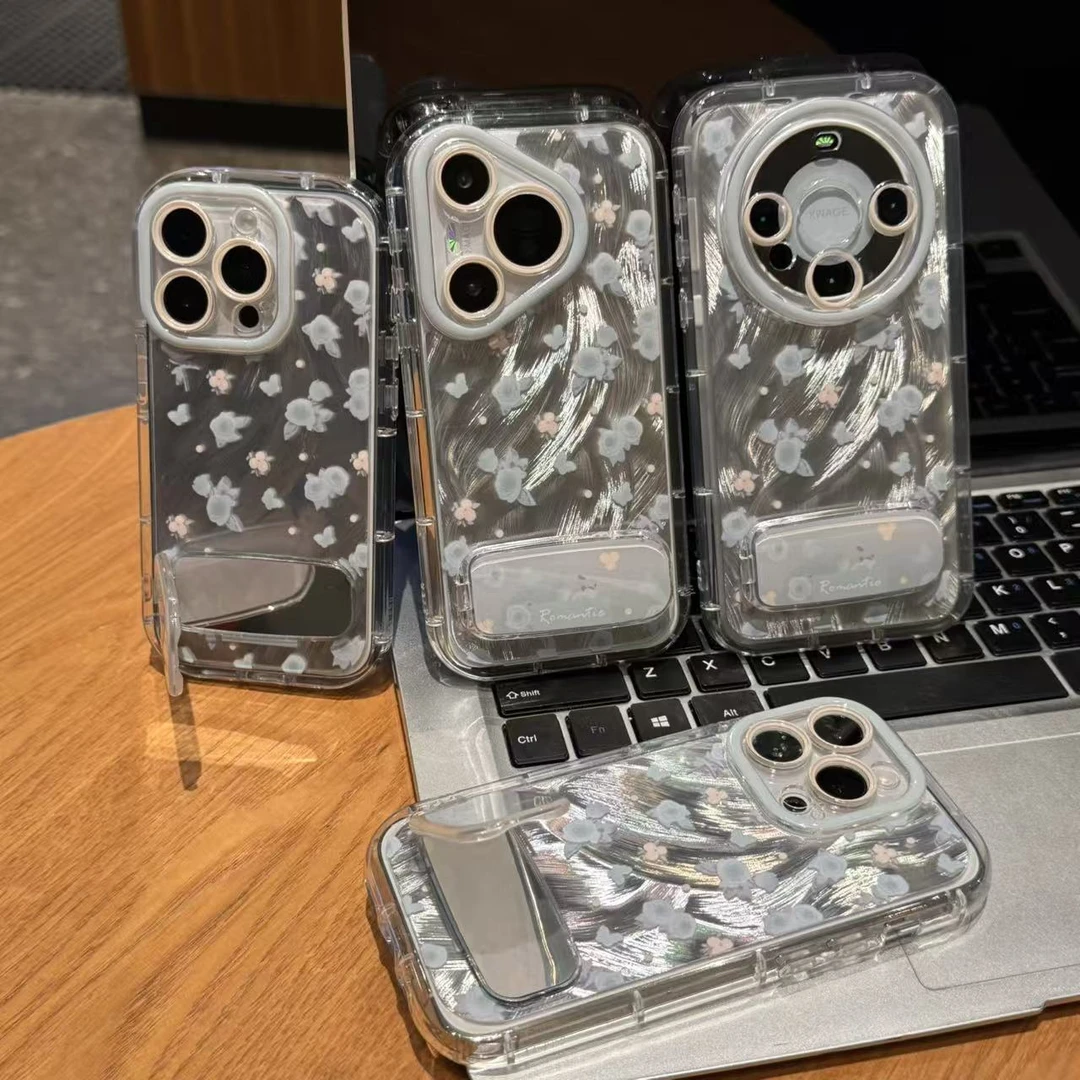 奥菲顿满屏绿花镜面支架适用苹果17羽纱16手机壳华为vivo小米oppo