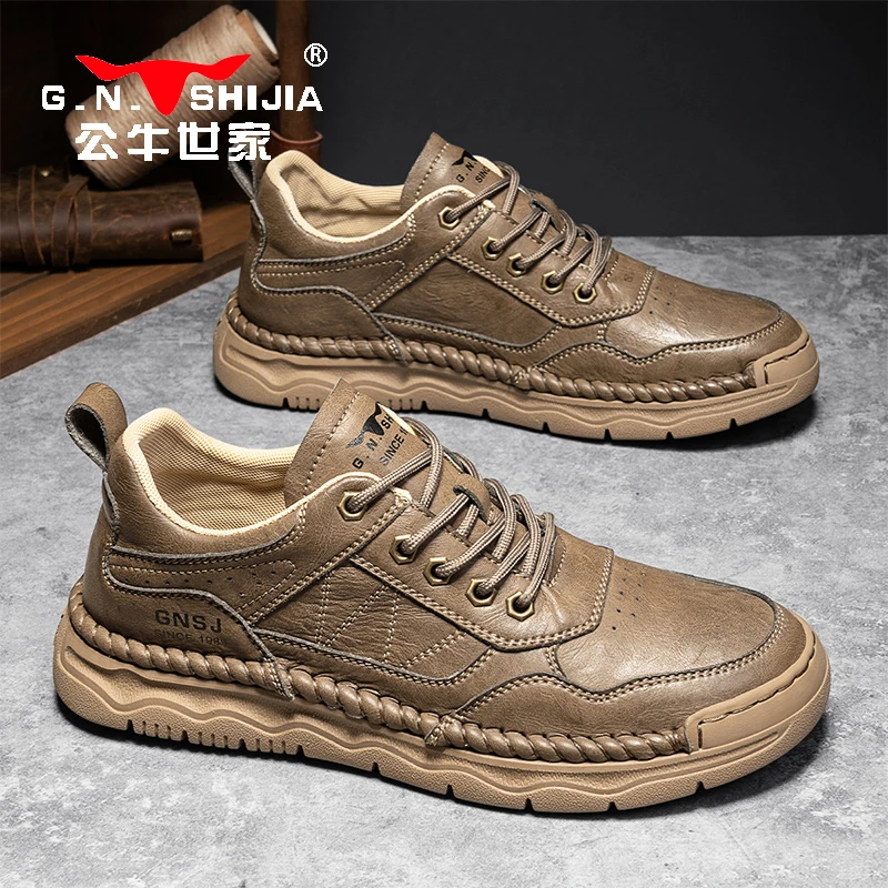公牛世家男鞋春季新款手工休闲皮鞋男高级感低帮百搭时尚复古板鞋