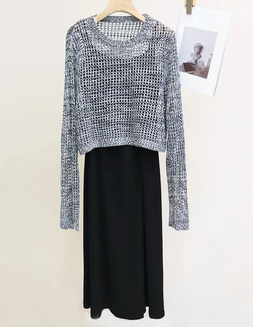 长袖镂空针织上衣高级感气质两件套A5