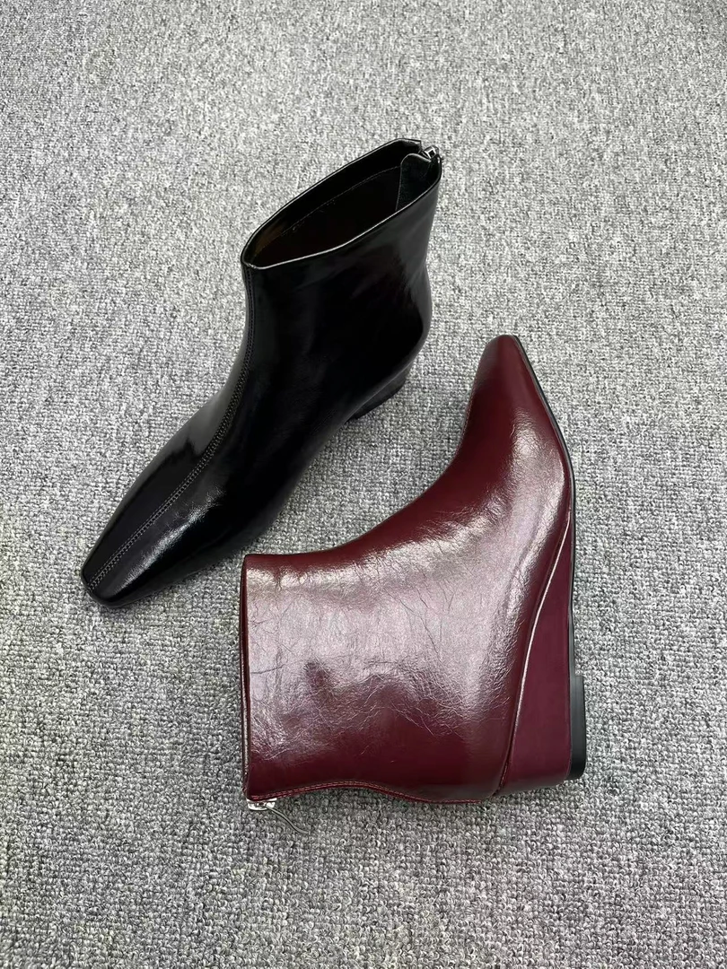 [丽尔手工鞋]4cm坡跟方头真皮头层牛皮复古3靴子女女鞋短靴女士