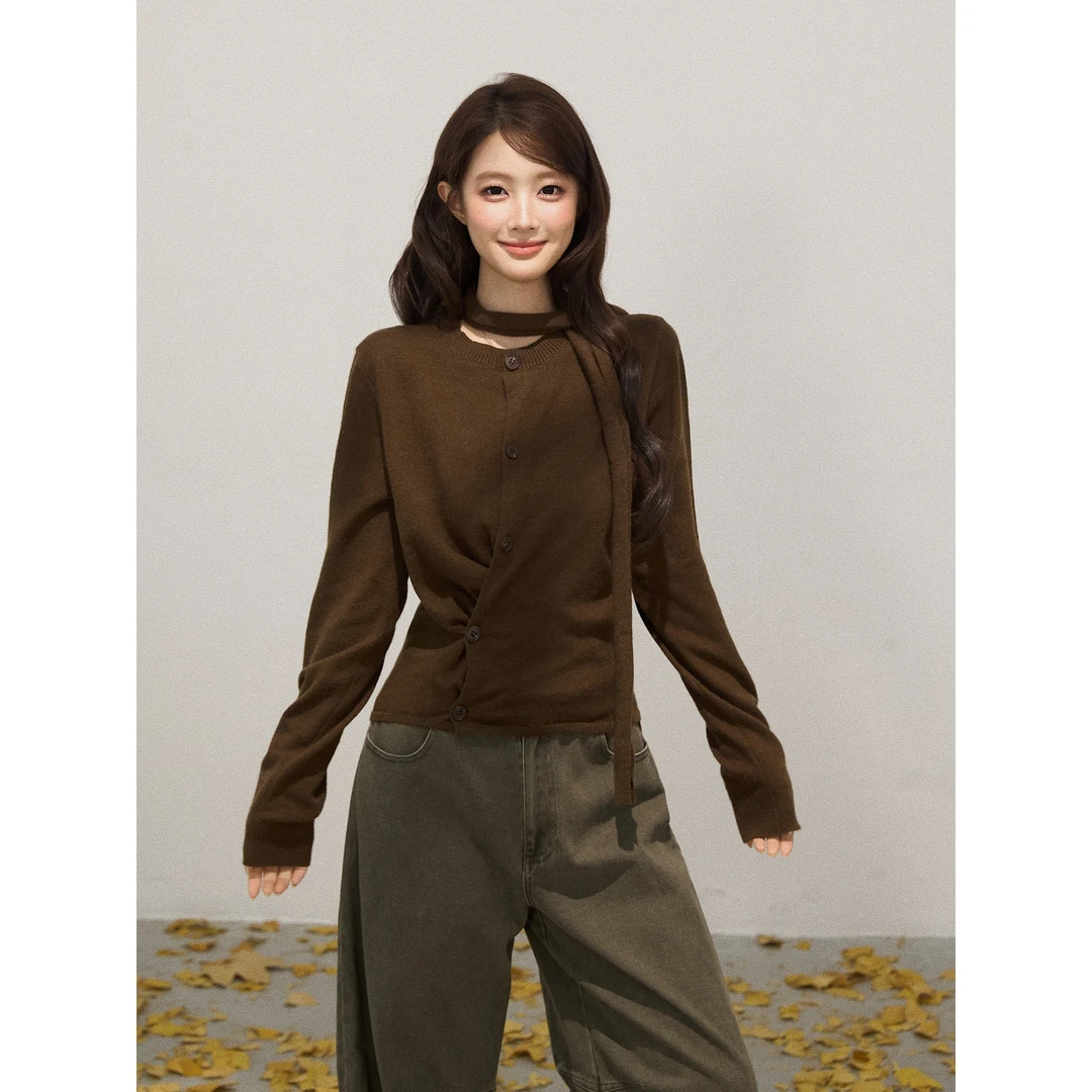 谢不肉 不规则圆领飘带长袖针织衫女秋季修身百搭开衫上衣50452