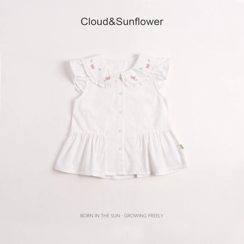 【云朵小葵】女童夏季翻领蝴蝶结飞袖休闲娃娃衫T恤660688