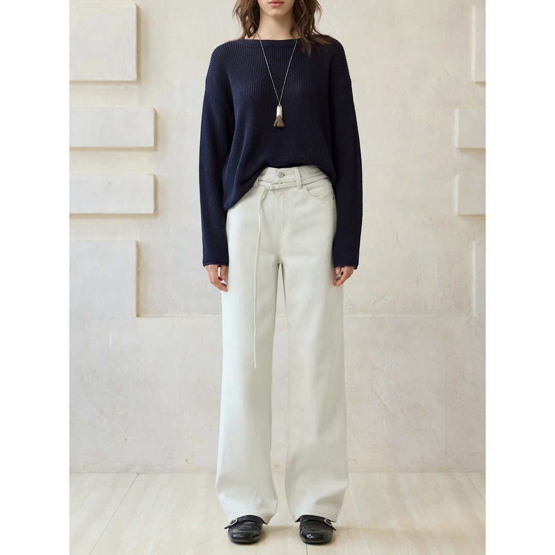 Choumei Home2025秋季款原牛灰白底高质牛仔裤女 抽绳窄版直筒裤