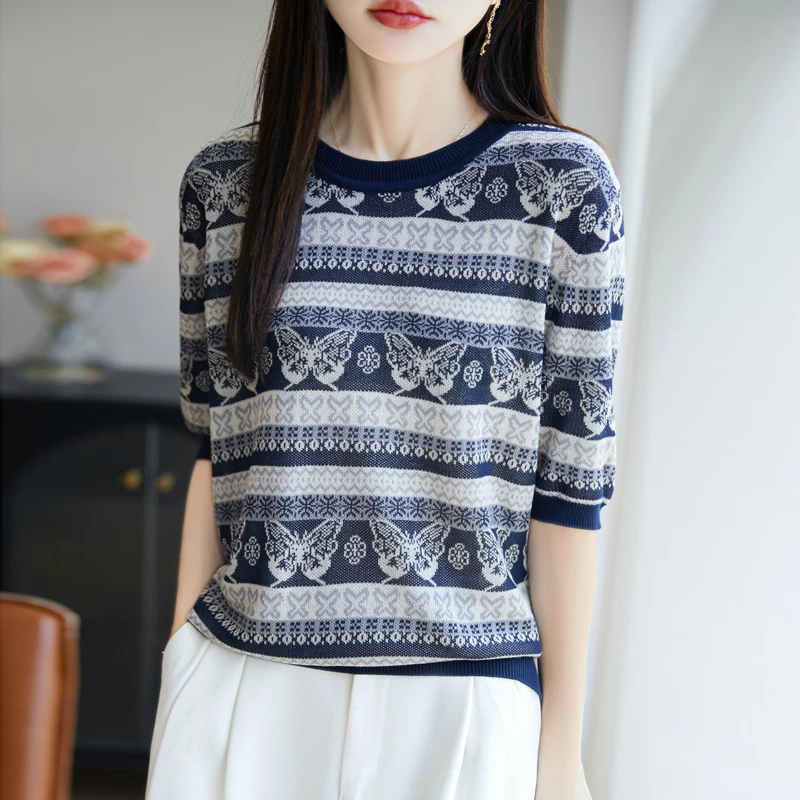 时尚品牌女装正品夏季新款莱赛尔法式复古蝴蝶提花圆领短袖针织衫