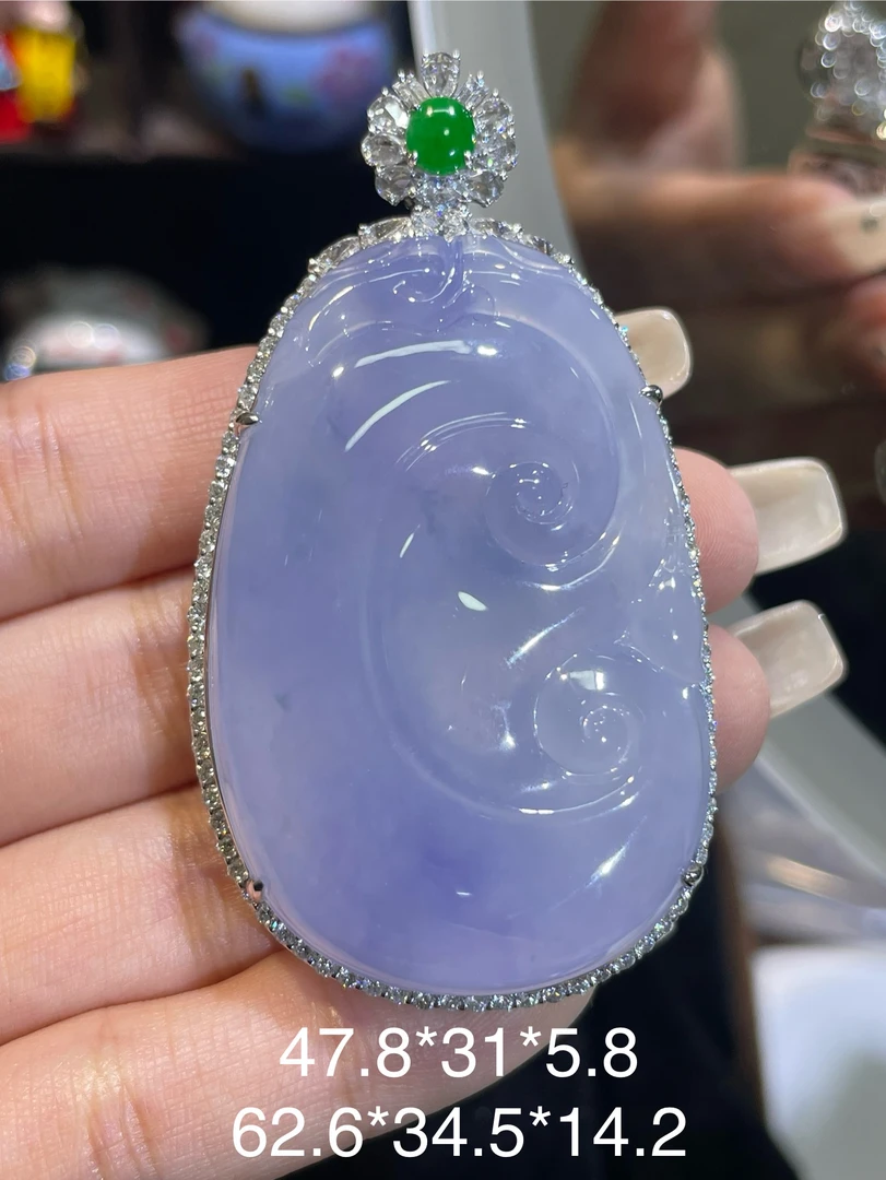 天然缅甸A货翡翠冰紫厚装如意18K金伴钻镶嵌豪华满钻围镶