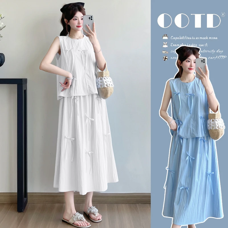 夏季新款孕妇装时尚减龄蝴蝶结无袖背心可调节抽绳显瘦半身裙套装