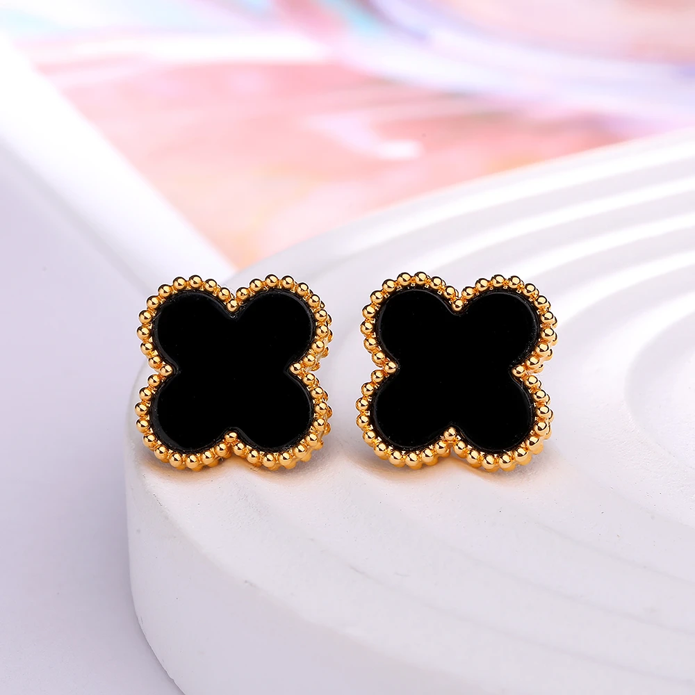【小洁专属】18k金豪镶黑玛瑙13mm四叶耳钉