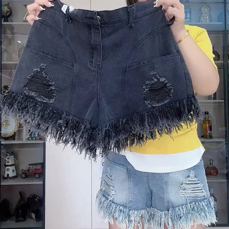 黑灰色毛边破洞牛仔短裤女夏季薄款宽松显瘦高腰a字直筒阔腿热裤