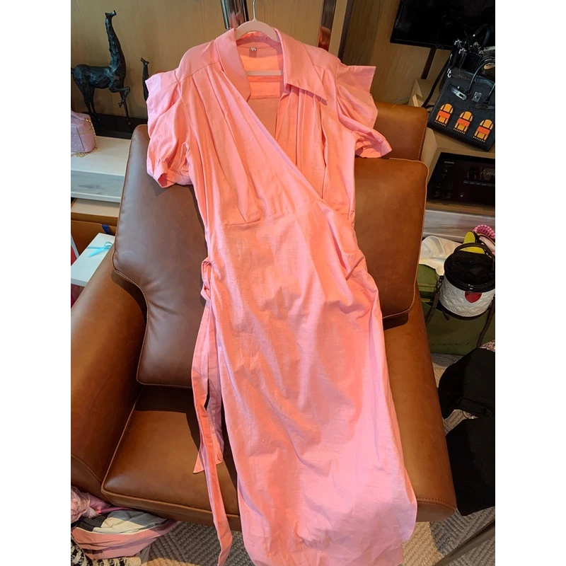 【张静芝】一片式绑带蝴蝶结泡泡袖粉嫩连衣裙