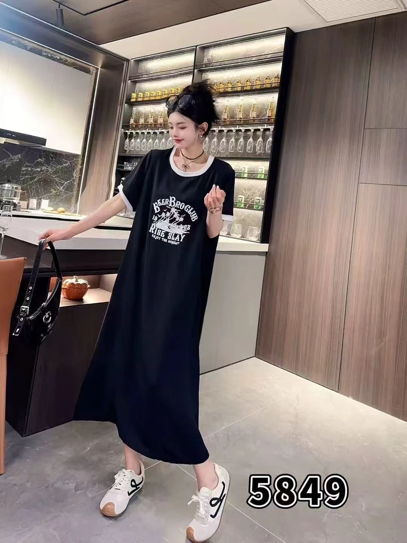 DD家5849宽松腰百搭圆领夏季印花通勤风绑带A字裙大码连衣裙