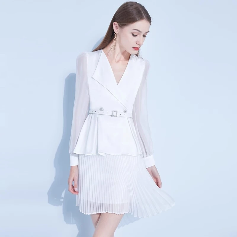 【七语专属】AUI白色气质西装小个子西服百褶裙两件套-21D028253