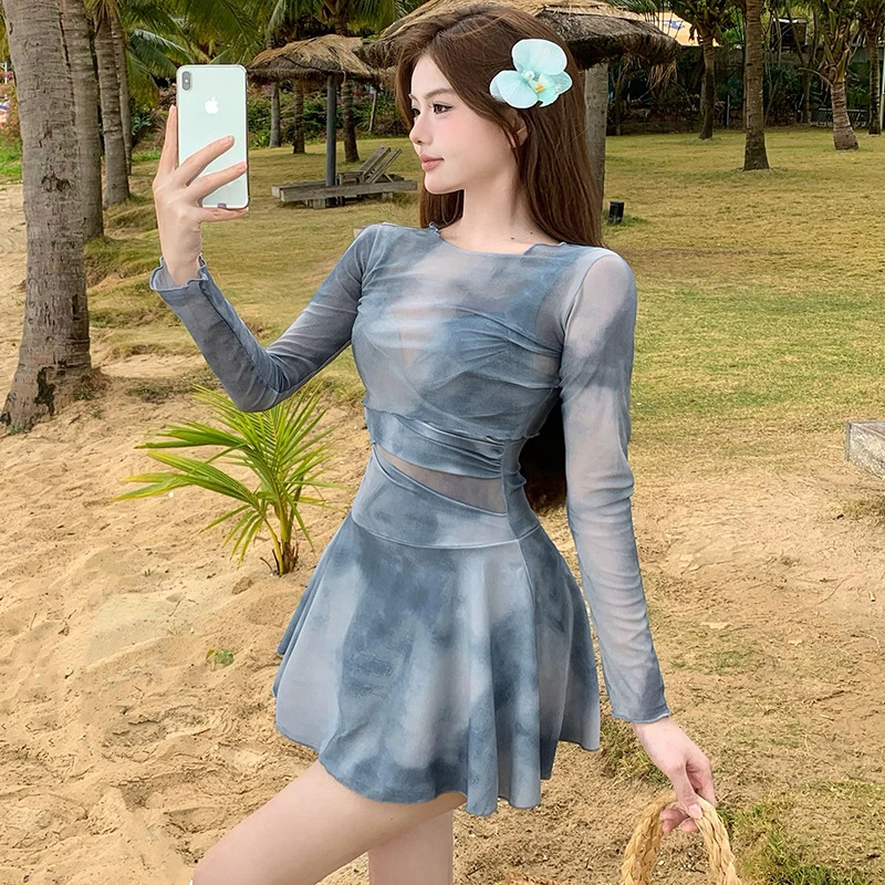 女泳衣三件套长袖扎染裙式保守性感纯欲辣妹防晒显瘦温泉游泳装