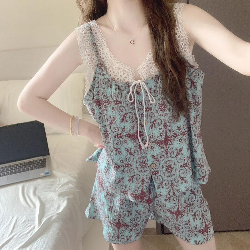 【带胸垫一体】背心短裤睡衣女夏季新款花边度假风亲肤棉家居服套装
