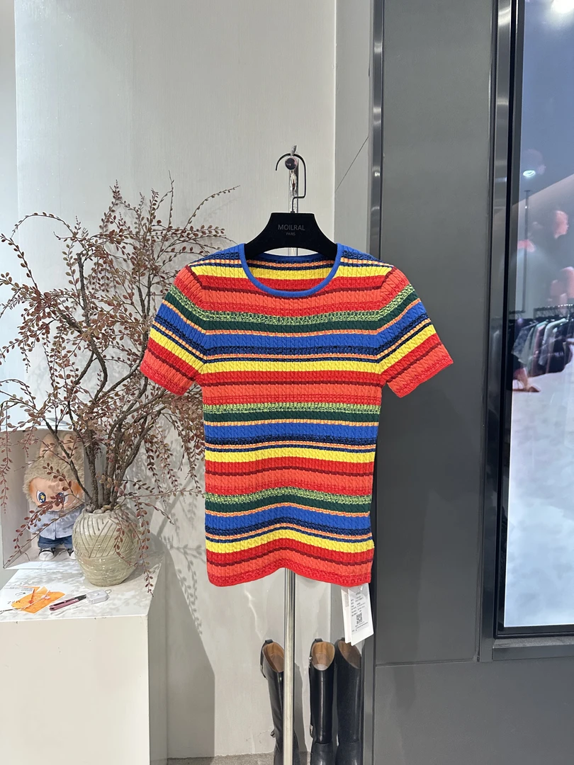 LT条纹圆领夏季短袖休闲风毛针织衫上衣红色百搭复古风063