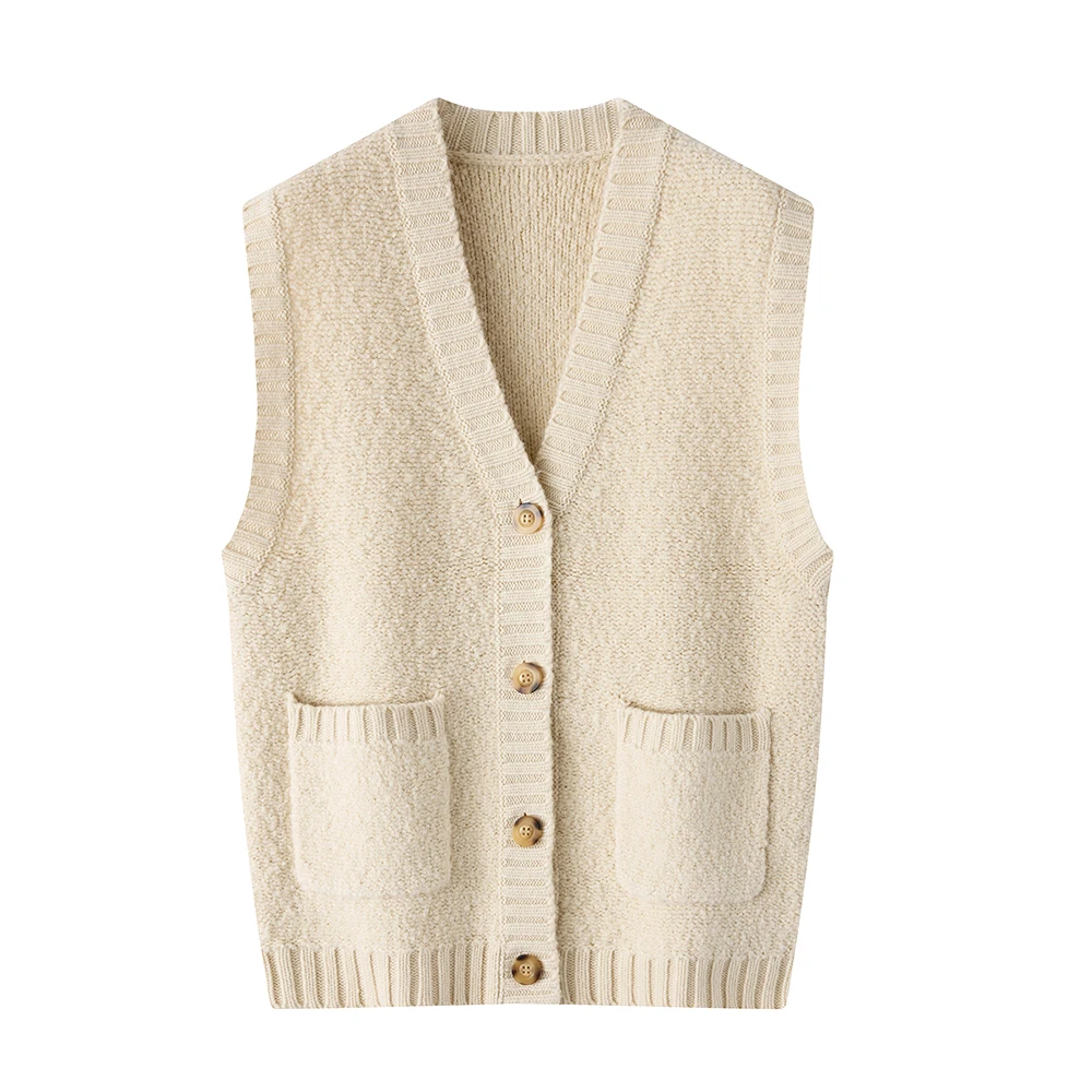 YiN 女V领开衫马甲马夹青春无袖马甲秋冬秋季针织女装23186