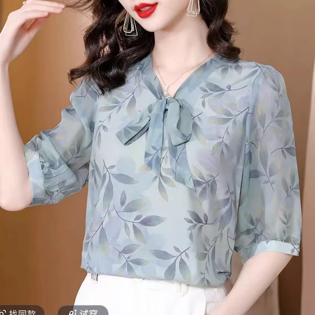 夏季新款新中式国风休闲短袖气质显瘦小衫T恤领结小衫