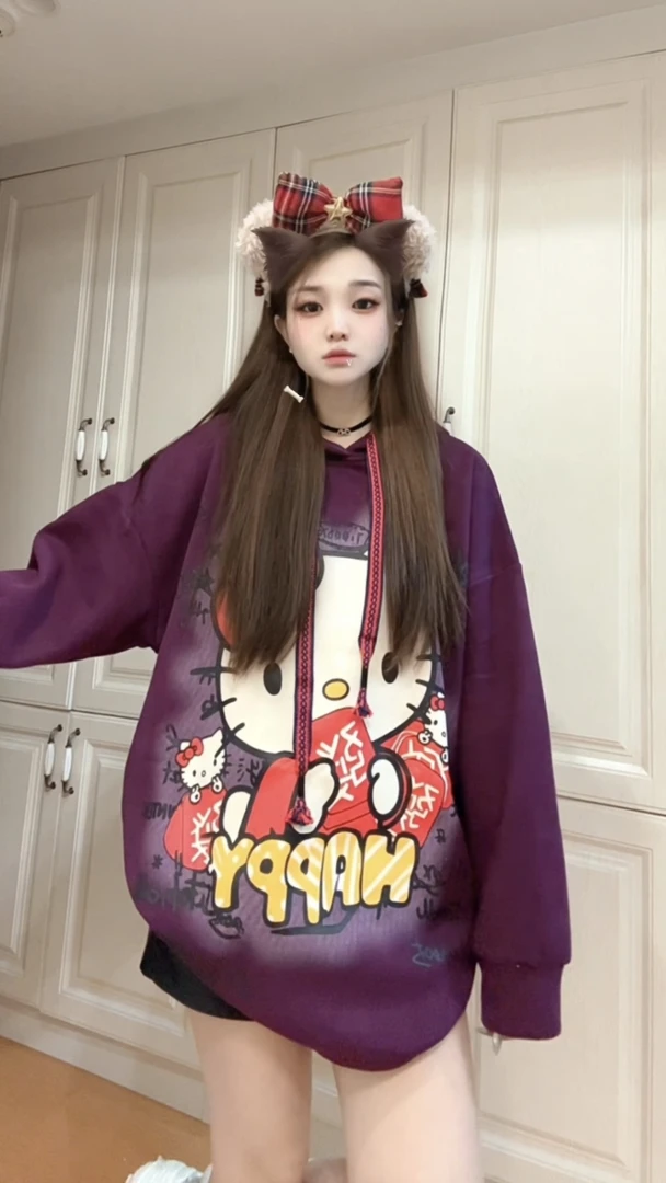 [484.485加绒连帽卫衣]发财凯蒂猫卡通加绒连帽卫衣休闲宽松卫衣