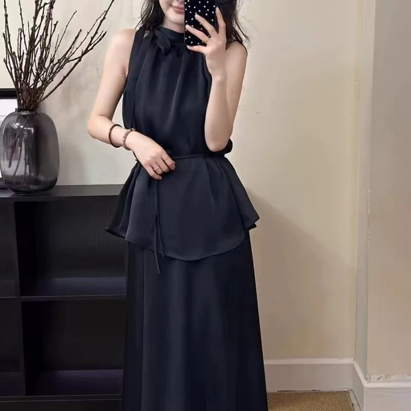 【锦衣服饰】XYJ 2523法式挂脖系腰无袖衫半身裙套装