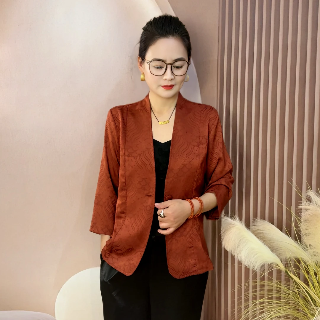 春夏新中式上衣中袖V领小西装复古中国风提花秋季红色上衣外套