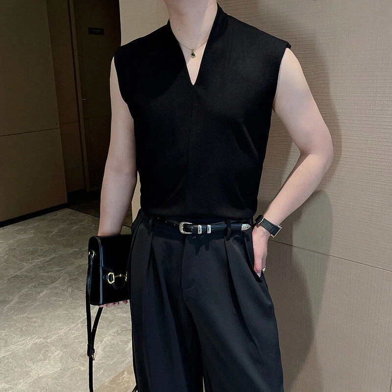 夏季新款高弹罗纹V领T恤男高级感无袖坎肩韩版修身气质轻奢背心潮