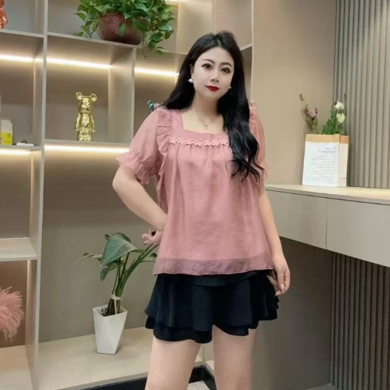 夏季小衫-酷 3515时尚潮流花朵领减龄菲边透气款胖MM大码女装新款