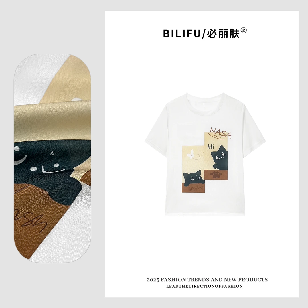 BILIFU/必丽肤  胖吉猫印花AB面T恤夏季百搭桑蚕丝圆领上衣8839