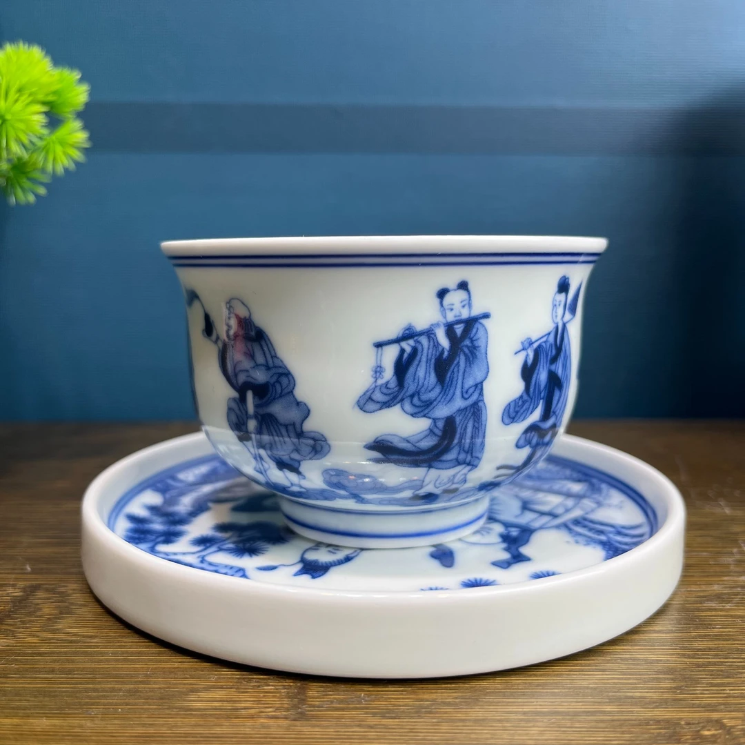 景德镇仿古泥釉下青花八仙过海福禄寿两件套主人杯