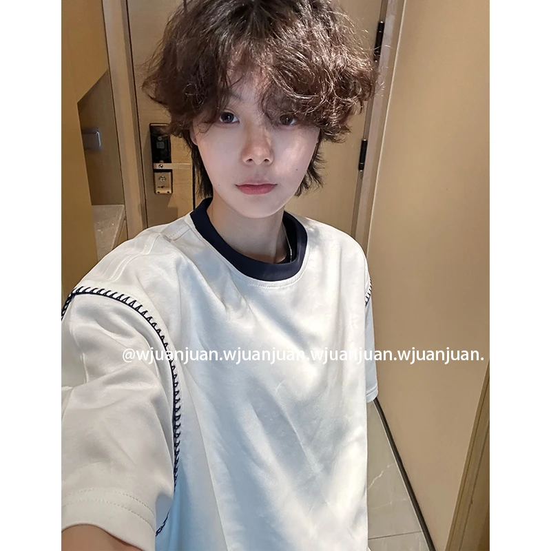 『WJUANJUAN』夏季高级感老钱风百搭撞色刺绣男女显瘦百搭短袖T恤衫