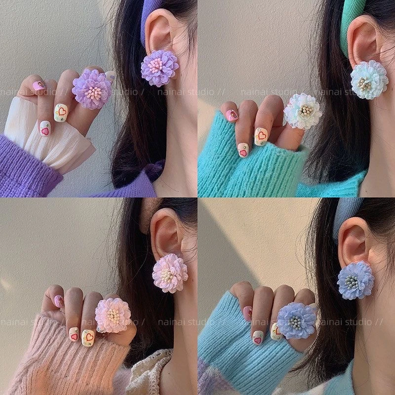 合金布艺耳饰 日韩甜美风轻奢高级感多巴胺蕾丝花朵耳钉耳环温柔