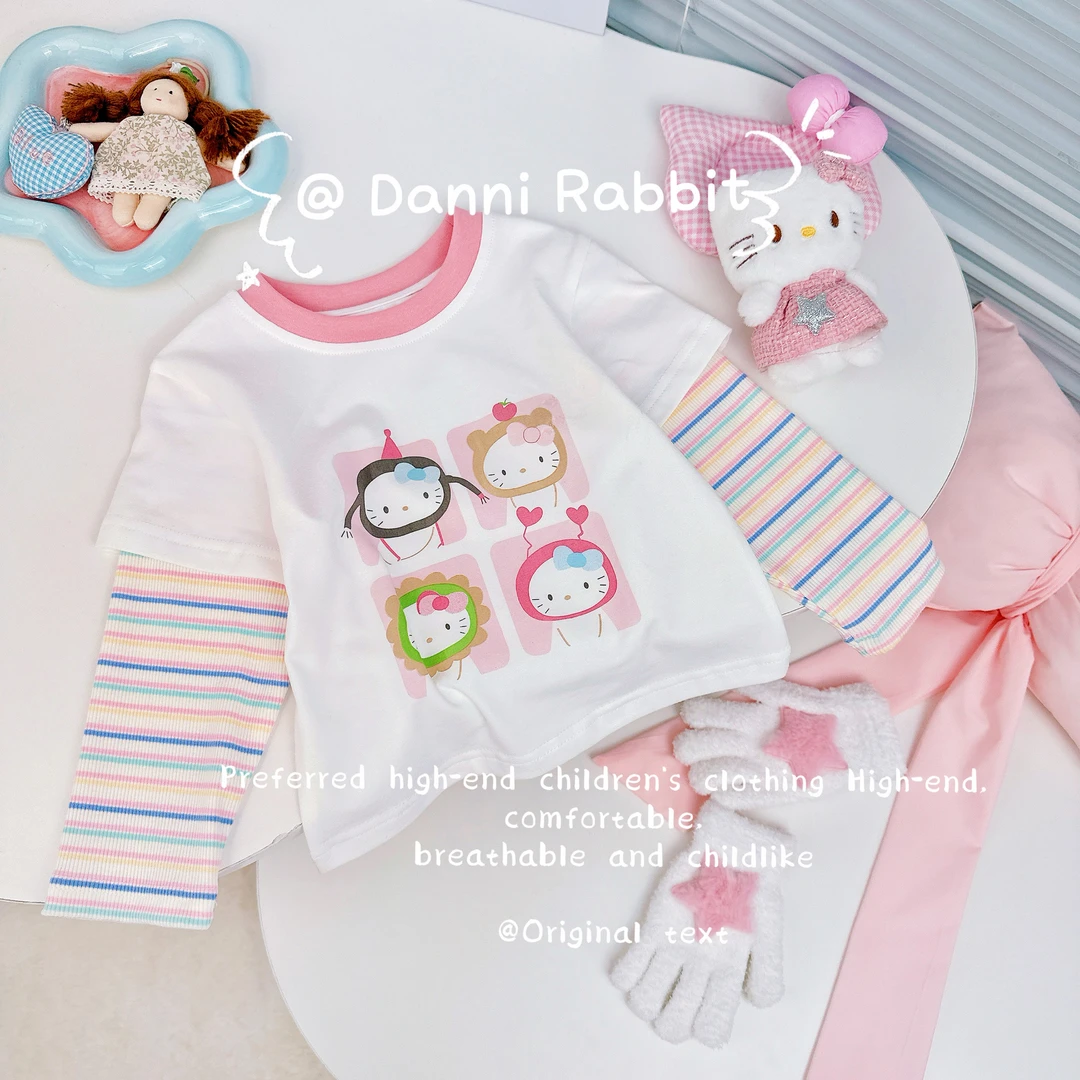 「Dannirabbit」【喵星人】秋款&卡通童趣拼接条纹袖女童T恤【G-7028】