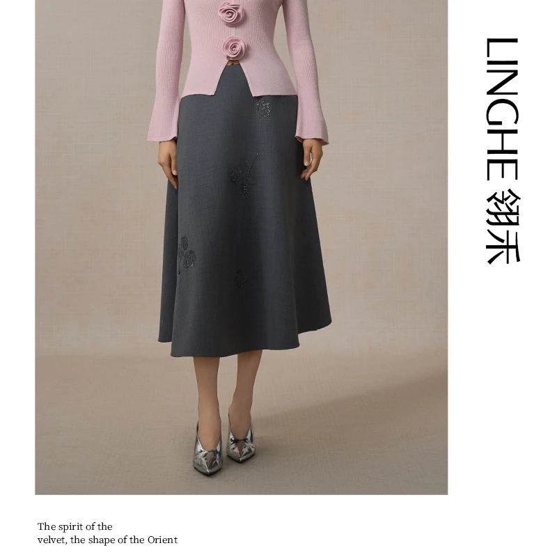 【可可专属】翎禾LINGHE-「秋夜雨」刺绣钉珠大A摆半裙
