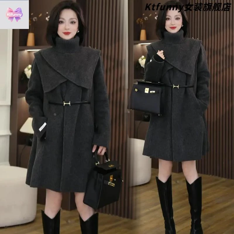 时尚毛呢外套女2025冬季新款时髦气质减龄可拆卸斗篷呢子大衣套装