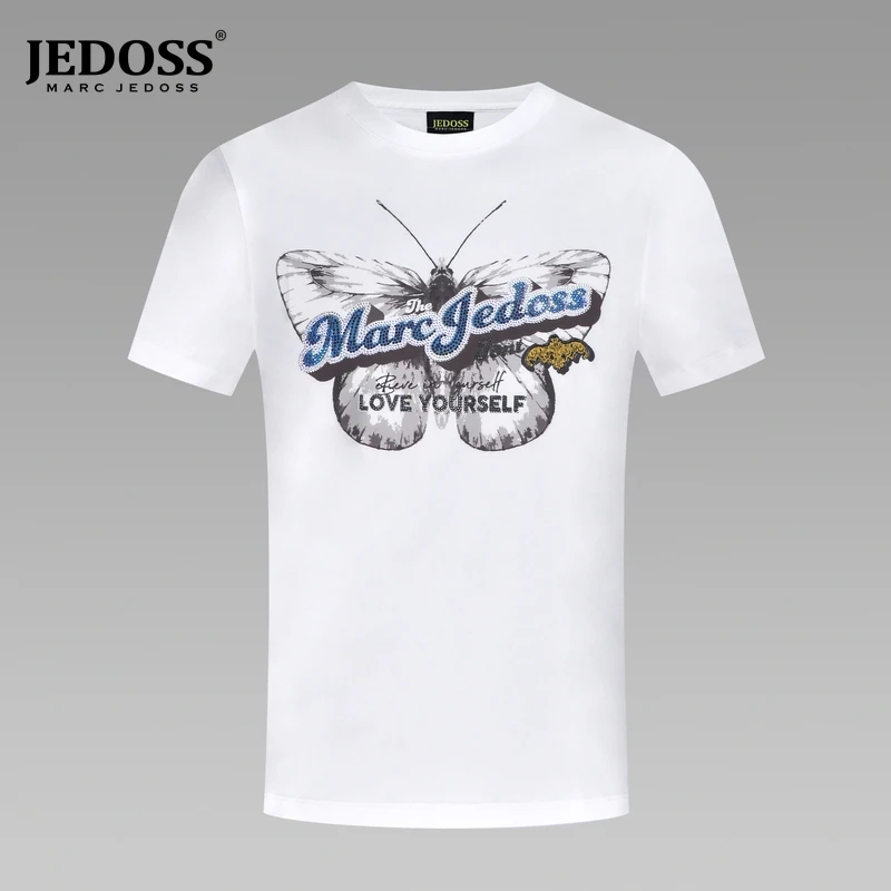 JEDOSS/爵迪斯2025夏季新款烫钻蝴蝶刺绣胶印白色短袖T恤半袖310