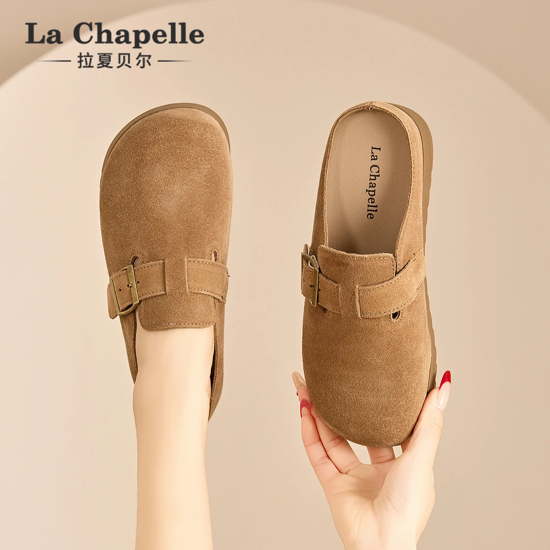 拉夏贝尔真皮勃肯鞋女2025新款冬季厚底包头半拖鞋复古软底单鞋子