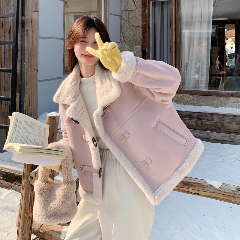 粉色设计感减龄温柔风麂皮绒外套女2025新款冬季毛绒拼接机车棉服
