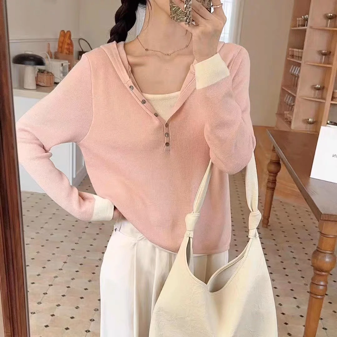 时尚漂亮气质拼色拼接连帽针织衫春秋舒适百搭显瘦女上衣