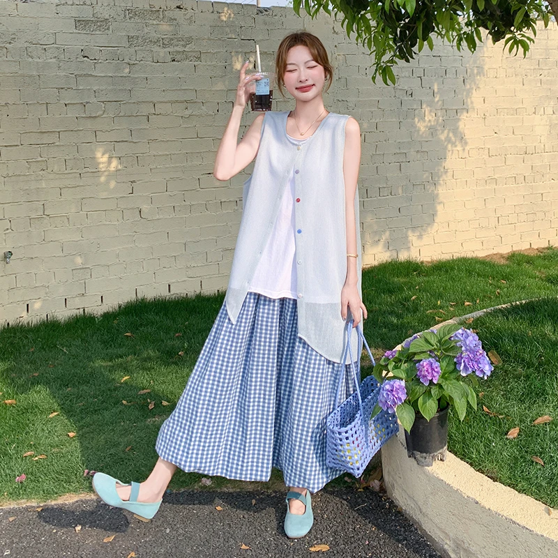 大方得体穿搭一整套2025夏法式无袖背心马甲蓝色格纹半身裙三件套
