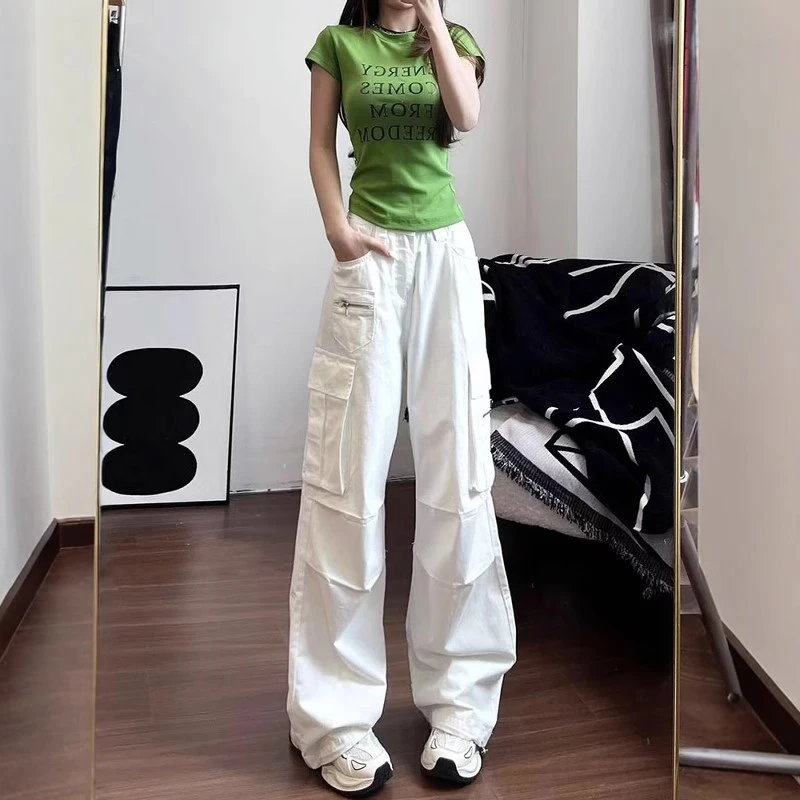 美式多口袋褶皱工装牛仔裤女款夏季新款高腰显瘦直筒拖地阔腿裤子