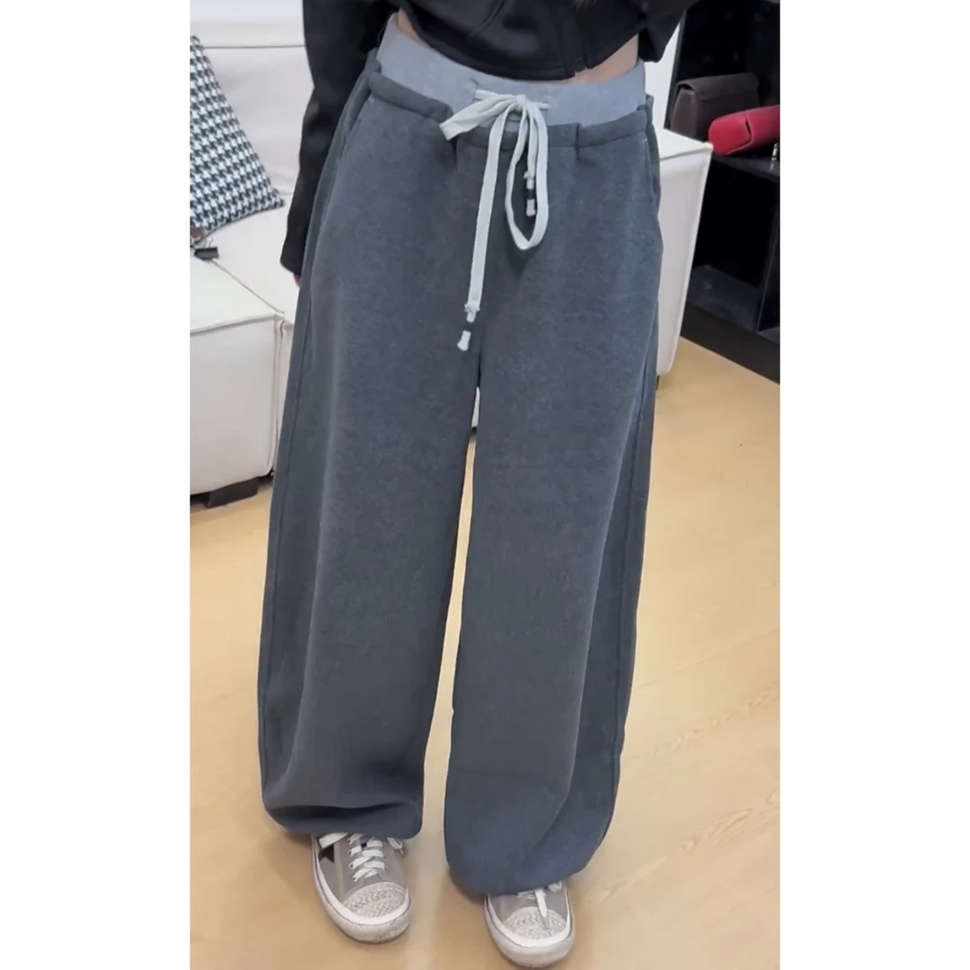 艾塔莉秋冬新款显瘦休闲裤撞色腰头韩版阔腿裤宽松阔腿长款拖地裤