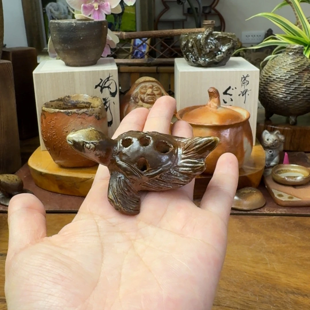 藤原陶臣备前烧海龟建山花器福利一口价