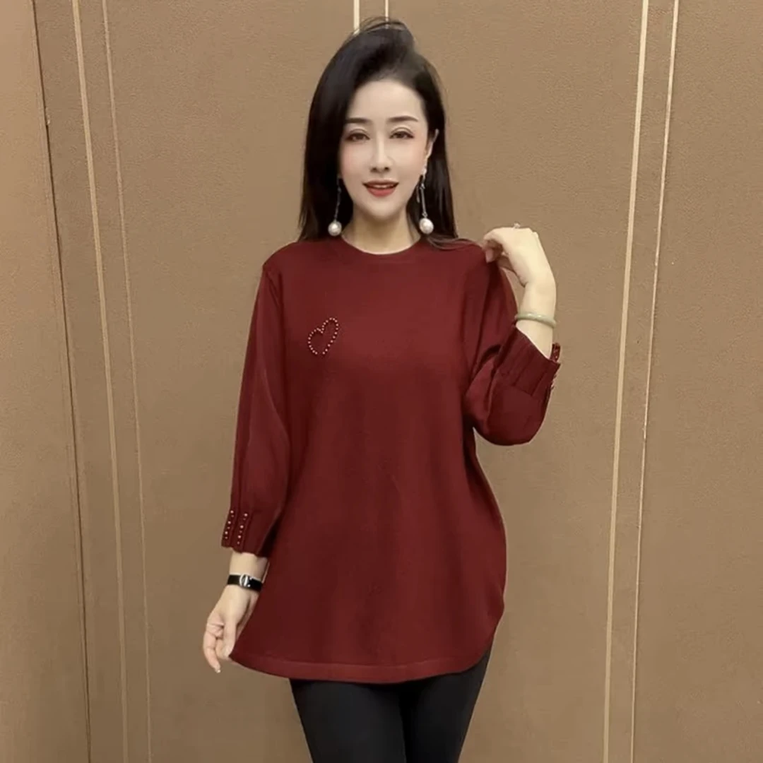 2025春季新款时尚女士高档设计拼接珠子针织衫洋气九分袖毛衣衫