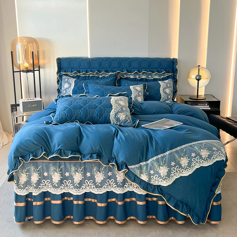 新款高档水洗棉夹棉蕾丝床裙款四件套欧式加厚床罩盖防滑花边被罩